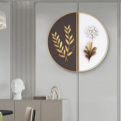 HMR 2-Pieces Glam Metal Bedroom Wall Decor Home Art with Semi-Circle Design - White & Brown