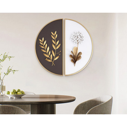 HMR 2-Pieces Glam Metal Bedroom Wall Decor Home Art with Semi-Circle Design - White & Brown