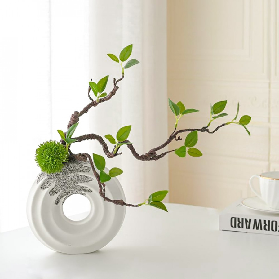 HMR - 15" Artificial Tree With White Ceramic Base Vase Faux Plastic Plant Decor Art Indoor