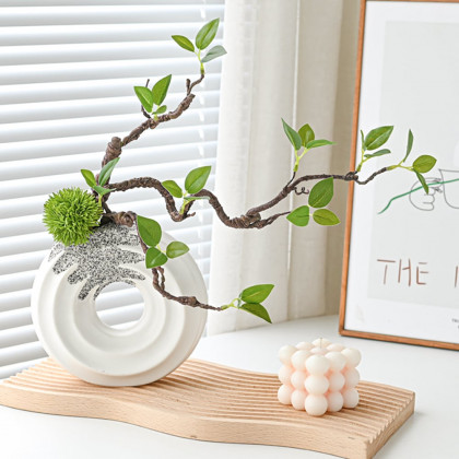 HMR - 15" Artificial Tree With White Ceramic Base Vase Faux Plastic Plant Decor Art Indoor