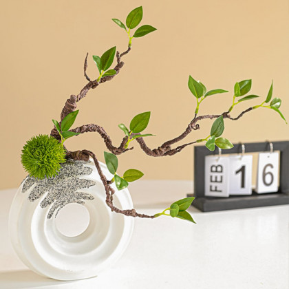 HMR - 15" Artificial Tree With White Ceramic Base Vase Faux Plastic Plant Decor Art Indoor