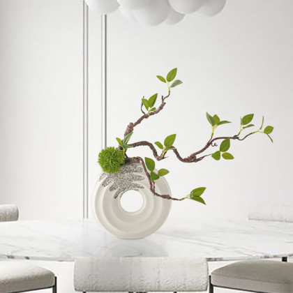 HMR - 15" Artificial Tree With White Ceramic Base Vase Faux Plastic Plant Decor Art Indoor