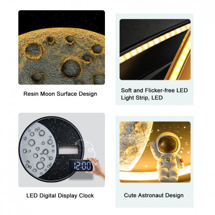 HMR - 19.7" LED Digital Round Moon Astronaut Wall Clock Spaceman Decor Art USB Charging