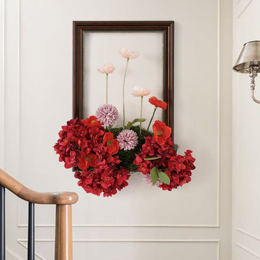 HMR - Vintage Red Fake Flower Arrangements Wall Hanging Decoration Artificial Silk Flower