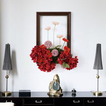 HMR - Vintage Red Fake Flower Arrangements Wall Hanging Decoration Artificial Silk Flower