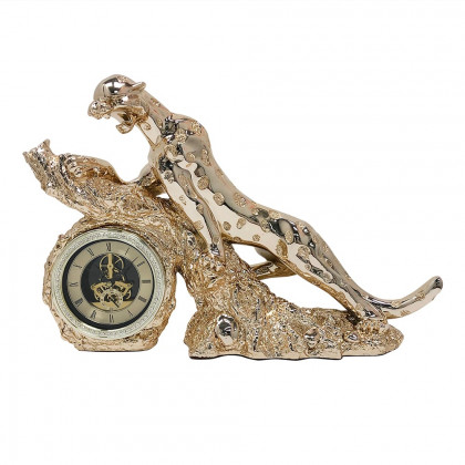 HMR - Gold Electroplating Cheetah Mute Imitation Diamond Resin Table Clock Home Decoration