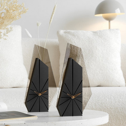 HMR - Modern Wood Black Abstract Geometry Mantel & Table Top Clock