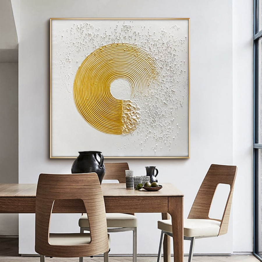 HMR - 3D Modern White Gold Wall Decor Art Textured Canvas Oil Painting with Frame Living Room