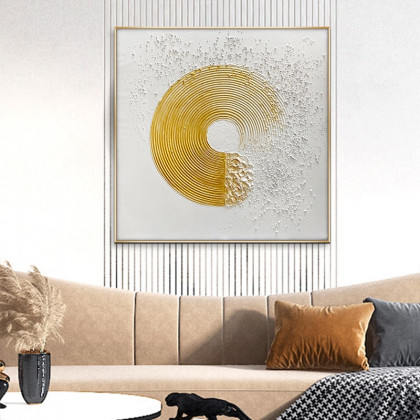 HMR - 3D Modern White Gold Wall Decor Art Textured Canvas Oil Painting with Frame Living Room