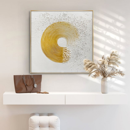 HMR - 3D Modern White Gold Wall Decor Art Textured Canvas Oil Painting with Frame Living Room