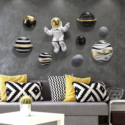 HMR - 9-Pieces Art Deco Astronaut Planet Wall Decor Hanging Resin Person Sculpture Statue Set