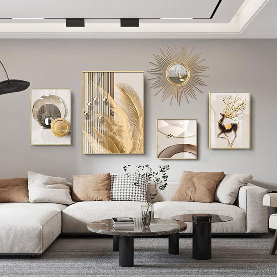 HMR - 5-Piece Wall Art Set with Golden Accents Modern Abstract Designs for Luxurious Home Deco