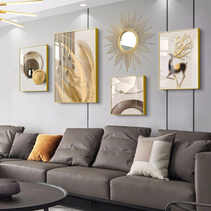 HMR - 5-Piece Wall Art Set with Golden Accents Modern Abstract Designs for Luxurious Home Deco