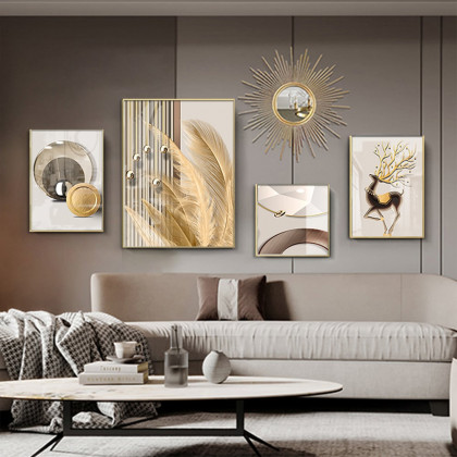 HMR - 5-Piece Wall Art Set with Golden Accents Modern Abstract Designs for Luxurious Home Deco