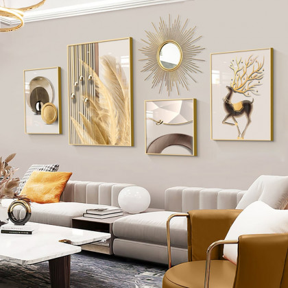 HMR - 5-Piece Wall Art Set with Golden Accents Modern Abstract Designs for Luxurious Home Deco