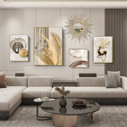 HMR - 5-Piece Wall Art Set with Golden Accents Modern Abstract Designs for Luxurious Home Deco