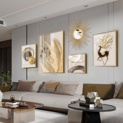 HMR - 5-Piece Wall Art Set with Golden Accents Modern Abstract Designs for Luxurious Home Deco