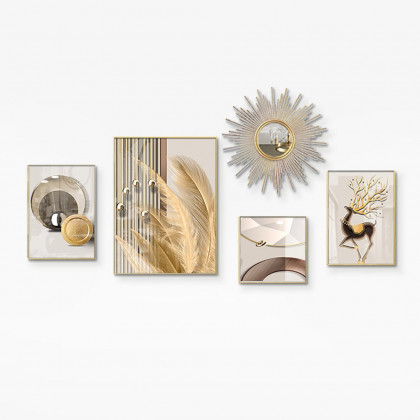 HMR - 5-Piece Wall Art Set with Golden Accents Modern Abstract Designs for Luxurious Home Deco