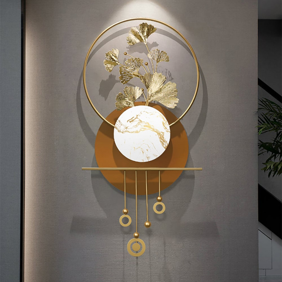 HMR - 46.5" Modern 3D Golden Metal Ginkgo Leaf Geometric Wall Art with Marble Accent