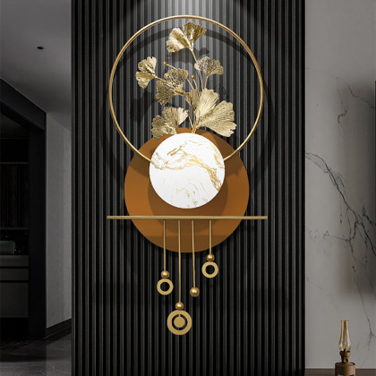 HMR - 46.5" Modern 3D Golden Metal Ginkgo Leaf Geometric Wall Art with Marble Accent