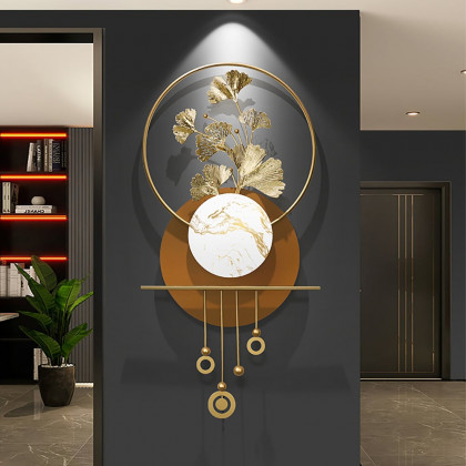 HMR - 46.5" Modern 3D Golden Metal Ginkgo Leaf Geometric Wall Art with Marble Accent