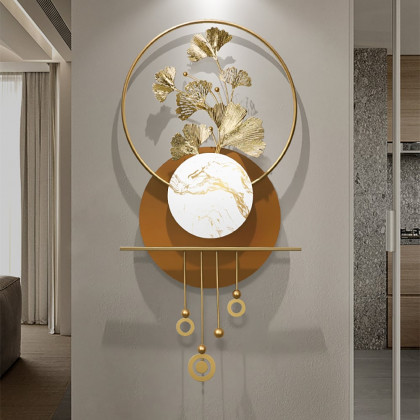 HMR - 46.5" Modern 3D Golden Metal Ginkgo Leaf Geometric Wall Art with Marble Accent