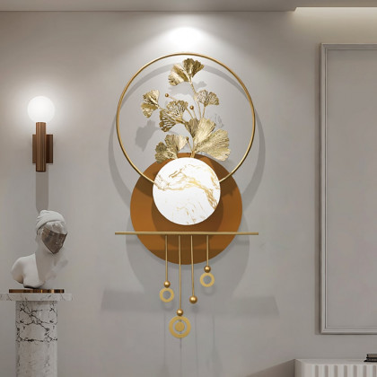 HMR - 46.5" Modern 3D Golden Metal Ginkgo Leaf Geometric Wall Art with Marble Accent