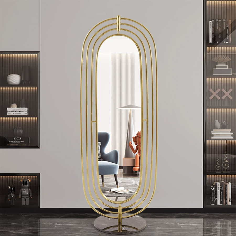 HMR - 66.9" Oversized Oval Full Length Standing Floor Mirror Decor in Gold with Marble Base