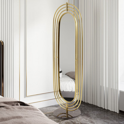HMR - 66.9" Oversized Oval Full Length Standing Floor Mirror Decor in Gold with Marble Base