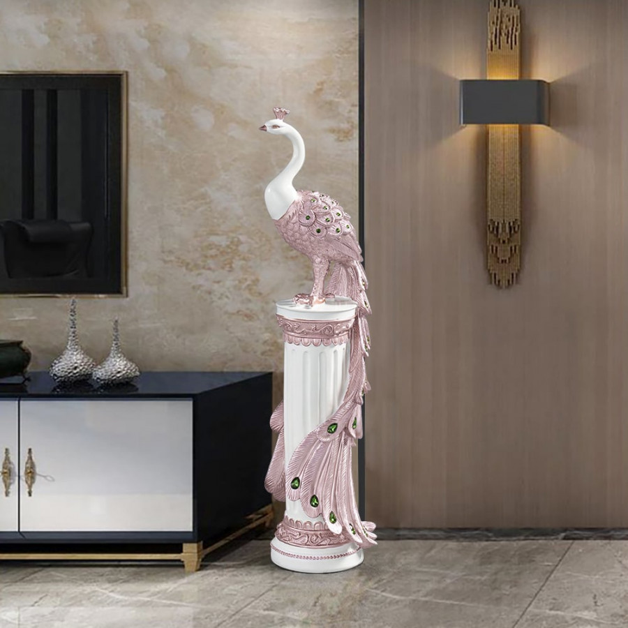 HMR 27.6" Large Glam Peacock Floor Sculpture Decor Art Living Room Bedroom - White & Pink