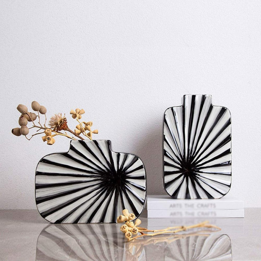 HMR - 2-Pieces Abstract White & Black Striped Resin Flower Vase Set Home Ornament Decor Art