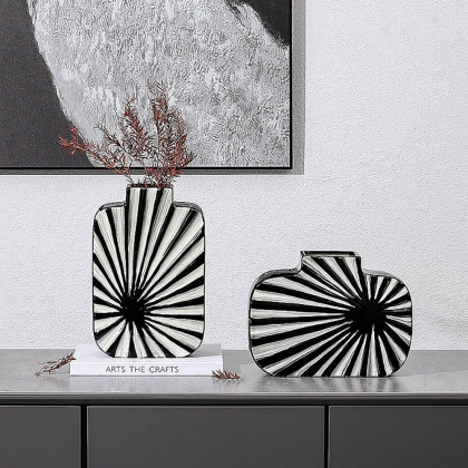 HMR - 2-Pieces Abstract White & Black Striped Resin Flower Vase Set Home Ornament Decor Art
