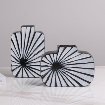 HMR - 2-Pieces Abstract White & Black Striped Resin Flower Vase Set Home Ornament Decor Art