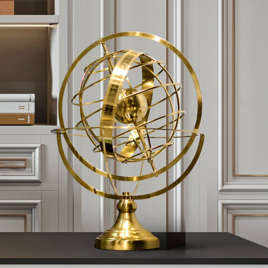 HMR - 15 inches Gold Globe Ornament Sculpture Modern Metal Geometric Figurine Table Decor Art
