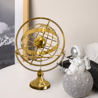 HMR - 15 inches Gold Globe Ornament Sculpture Modern Metal Geometric Figurine Table Decor Art