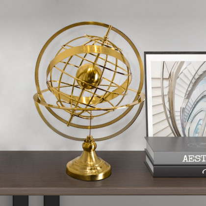 HMR - 15 inches Gold Globe Ornament Sculpture Modern Metal Geometric Figurine Table Decor Art