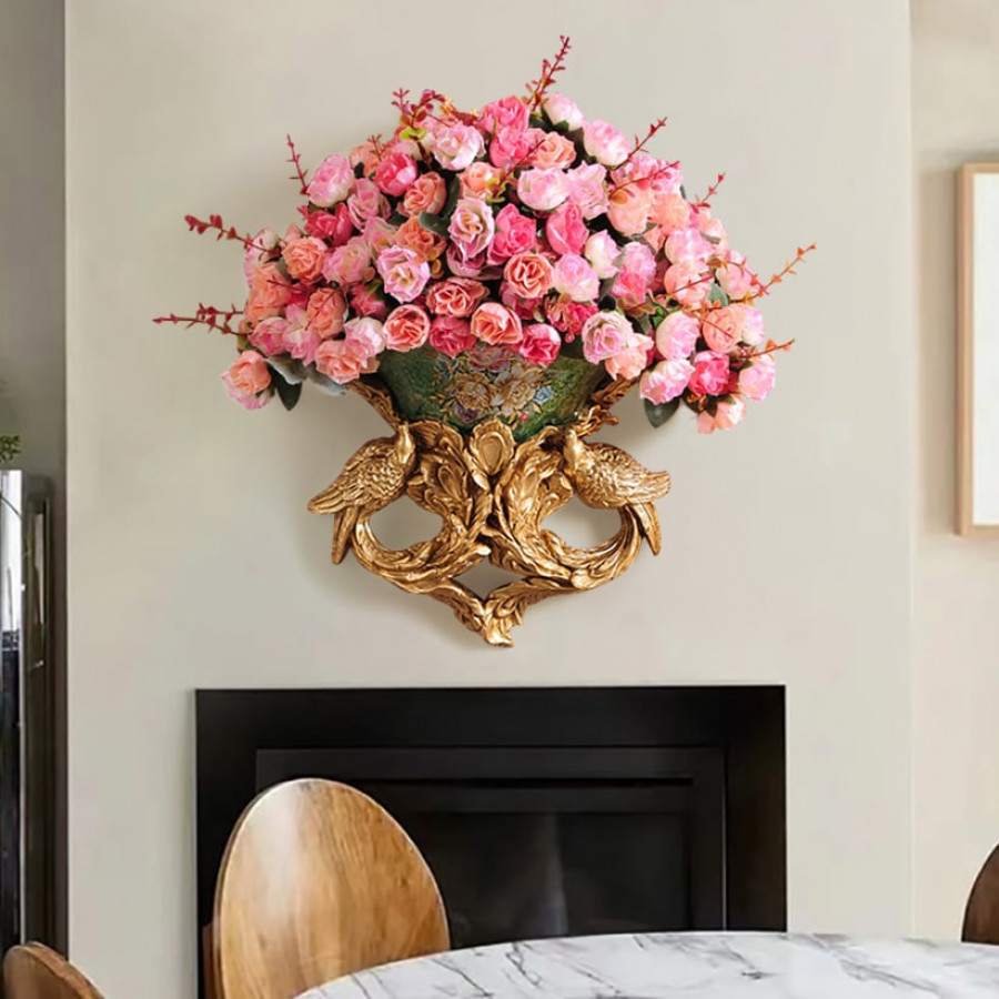 HMR - European Style Luxury Decorative Wall Flowers Carved Gold Artificial Flowers in Vase