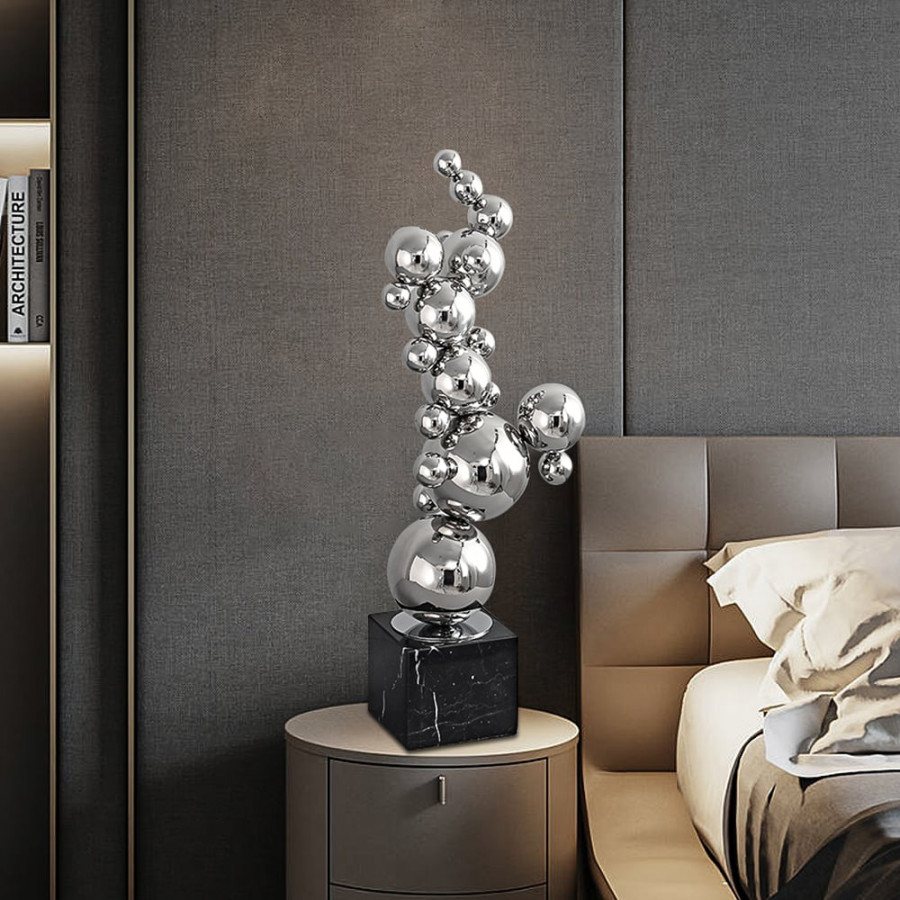 HMR - 24" Modern Abstract Geometric Ball Sculpture Art Ornament Stainless Steel & Marble Decor