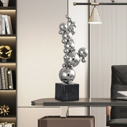 HMR - 24" Modern Abstract Geometric Ball Sculpture Art Ornament Stainless Steel & Marble Decor