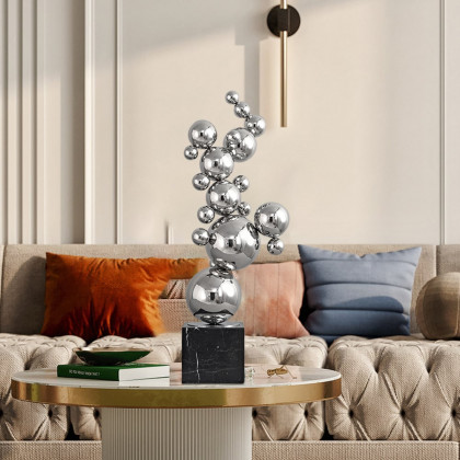 HMR - 24" Modern Abstract Geometric Ball Sculpture Art Ornament Stainless Steel & Marble Decor