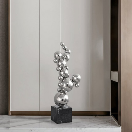 HMR - 24" Modern Abstract Geometric Ball Sculpture Art Ornament Stainless Steel & Marble Decor