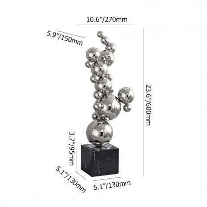 HMR - 24" Modern Abstract Geometric Ball Sculpture Art Ornament Stainless Steel & Marble Decor
