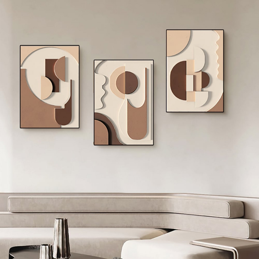 HMR - 3-Pieces Japandi Wall Decor for Living Room Abstract Art Print with Frame in Brown