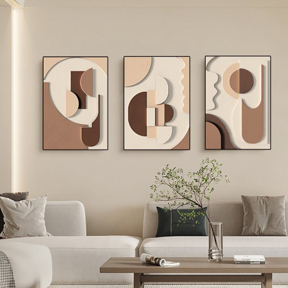 HMR - 3-Pieces Japandi Wall Decor for Living Room Abstract Art Print with Frame in Brown
