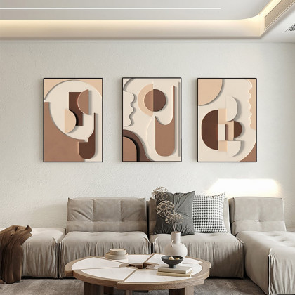 HMR - 3-Pieces Japandi Wall Decor for Living Room Abstract Art Print with Frame in Brown