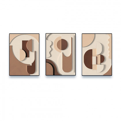 HMR - 3-Pieces Japandi Wall Decor for Living Room Abstract Art Print with Frame in Brown