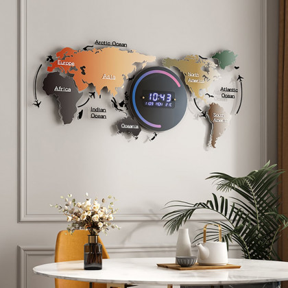 HMR Modern World Map Wall Clock with LED Digital Display - Multi-Color, Acrylic/Glass