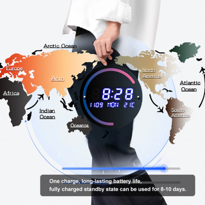 HMR Modern World Map Wall Clock with LED Digital Display - Multi-Color, Acrylic/Glass