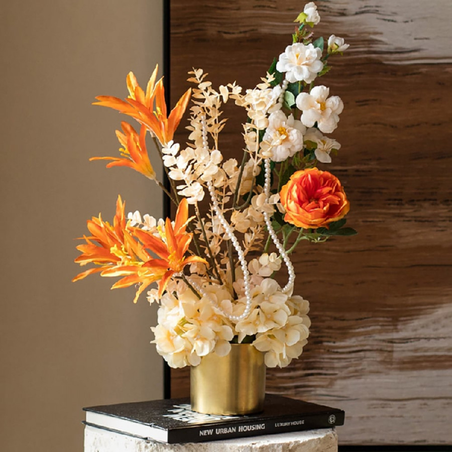 HMR - Orange Artificial Flowers in Vase Set Realistic Hydrangea Gold Ceramic Vase Home Decor