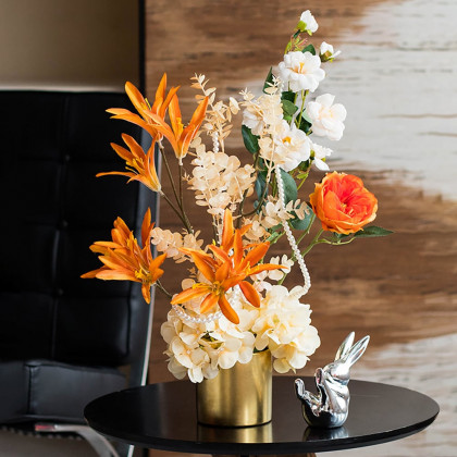 HMR - Orange Artificial Flowers in Vase Set Realistic Hydrangea Gold Ceramic Vase Home Decor